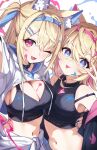  animal_ears blonde_hair breasts cleavage dog_ears dog_girl fuwawa_abyssgard gyool highres hololive hololive_english looking_at_viewer matching_outfits medium_breasts midriff mococo_abyssgard navel siblings sisters smile sports_bra tongue tongue_out twins virtual_youtuber 