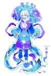  1girl androgynous artist_name blue_bow blue_pants blue_sleeves bow coat color_ink_(medium) highres hood hood_down jellyfish jellyfish_costume jellyfish_girl large_bow long_hair looking_at_viewer maruti_bitamin original pants print_coat purple_coat purple_eyes purple_footwear purple_theme star_(symbol) star_print traditional_media white_background white_hair white_trim wide_sleeves 