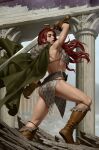  1girl architecture arm_up armor belt bikini_armor black_belt boots brown_footwear brown_gloves cape day fur-trimmed_cape fur_trim gloves greco-roman_architecture green_cape grey_eyes highres holding holding_sword holding_weapon long_hair outdoors red_hair red_sonja red_sonja_(comics) solo standing sword weapon yoon_junggeun 