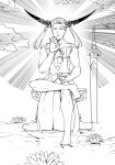  1boy barefoot bulge character_request clip_studio_paint_(medium) closed_eyes cosplay dress emphasis_lines erection erection_under_clothes facing_viewer fate/grand_order fate_(series) greyscale hand_up horn_ornament horns lily_pad male_focus meditation monochrome ok_sign parted_lips planted_sword planted_weapon sesshouin_kiara sesshouin_kiara_(cosplay) shiseki_hirame solo sword water_lily_flower weapon 