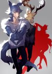  2boys absurdres antlers beastars black_eyes black_pants black_suit deer different_shadow formal furry grey_background highres legoshi louis_(beastars) male_focus multiple_boys pants scar shirt standing suit uedrk_yamato white_shirt wolf 