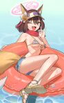  1girl absurdres animal_ear_fluff animal_ears bikini blue_archive blue_shorts breasts brown_hair denim denim_shorts eo8926 fang fox_ears fox_girl fox_shadow_puppet fox_tail front-tie_bikini_top front-tie_top full_body halo highres innertube izuna_(blue_archive) izuna_(swimsuit)_(blue_archive) looking_at_viewer medium_breasts one_eye_closed open_mouth pink_halo red_scarf sandals scarf shoe_soles shorts skin_fang smile solo striped_bikini striped_clothes swim_ring swimsuit tail visor_cap water wet yellow_eyes 