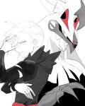  1boy ahoge claws fanny_pack gladion_(pokemon) highres hood hoodie looking_at_viewer male_focus open_mouth pokemon pokemon_(creature) pokemon_sm silvally sioma709iie spot_color torn_clothes 