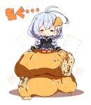  1girl absurdres antenna_hair black_dress black_jacket blush braid breasts closed_mouth dress eating food food-themed_hair_ornament food_on_face grey_hair hair_ornament highres jacket kizuna_akari large_breasts long_hair long_sleeves milkpanda open_clothes open_jacket orange_thighhighs shirt simple_background solo striped_clothes striped_thighhighs thighhighs twin_braids vertical-striped_clothes vertical-striped_thighhighs voiceroid white_background white_shirt 