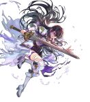  1girl angry armor ayra_(fire_emblem) ayra_(resplendent)_(fire_emblem) black_hair boots breastplate clenched_teeth damaged dress fire_emblem fire_emblem:_genealogy_of_the_holy_war fire_emblem_heroes highres long_hair non-web_source official_alternate_costume official_art purple_dress purple_eyes scabbard sheath solo sword teeth thigh_boots thigh_strap torn_clothes torn_dress v-shaped_eyebrows weapon white_footwear 