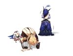  1boy 2girls aether_(genshin_impact) all_fours blonde_hair braid cape capelet clenched_hand clorinde_(genshin_impact) clorinde_(genshin_impact)_(cosplay) commentary_request cosplay crystal_hair_ornament depressed faceless faceless_female floating genshin_impact gloves hair_ornament halo hat hat_feather height_difference highres long_braid long_hair looking_at_another mechanical_halo multiple_girls oversized_clothes paimon_(genshin_impact) purple_hair qiqi_(genshin_impact) romper short_hair single_braid skirt standing tricorne very_long_hair white_hair yuka_(pixiv38407039) 