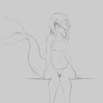  1:1 anthro biped breast_outline clothing crossgender extinct female fin front_view hair hair_over_eye hand_on_ground head_down hi_res knees_together ledge leo_(gvh) liopleurodon long_hair long_tail looking_at_viewer looking_up male_(lore) marine monochrome mtf_crossgender navel_outline one-piece_swimsuit one_eye_obstructed open_mouth plesiosaur pliosaur prehistoric_species reptile scalie shaded shy simple_background sitting solo swimwear tail tail_fin unknown_artist wide_hips 