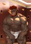  1boy abs bara beard blush bulge chest facial_hair flaming_eye hephaestus_(tokyo_houkago_summoners) icelernd male_focus male_underwear manly muscle nipples pectorals red_eyes scar shirtless short_hair solo thick_eyebrows thighs tokyo_houkago_summoners underwear underwear_only upper_body 