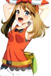  1girl :d armpits arms_behind_head arms_up bangs blush bow_hairband breasts brown_hair commentary_request eyebrows_visible_through_hair eyelashes fanny_pack grey_eyes hairband haruka_(pokemon) highres long_hair looking_to_the_side open_mouth pokemon pokemon_(game) pokemon_oras red_hairband red_tank_top shiny shiny_hair shorts simple_background smile solo tank_top tongue white_background white_shorts yuihico 