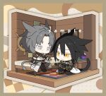  2boys anchor animal_ears arm_belt armor bedroom belt belt_buckle black_capelet black_footwear black_gloves black_hair black_pantyhose black_vest blush_stickers boots border bracer brown_belt brown_border brown_shirt buckle capelet cat_ears cat_tail chibi chinese_commentary closed_mouth coat collared_shirt commentary_request cork eye_contact glass_bottle gloves grey_eyes grey_hair grey_shirt hair_between_eyes hand_on_own_thigh high_collar highres indoors light_smile long_sleeves looking_at_another male_focus miniskirt multiple_belts multiple_boys on_bed on_one_knee open_clothes open_skirt original outline outstretched_hand pantyhose parted_bangs pauldrons pillow pinstripe_pattern pinstripe_shirt pocket potion sakuraihum sample_watermark shirt short_hair shoulder_armor sitting skirt tail torn_clothes torn_coat vest watermark wavy_mouth white_coat white_outline white_skirt wrinkled_skin yaoi yellow_eyes 