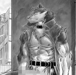  abs anthro biceps brand_new_animal canid canine canis censored furryrevolution hi_res male mammal monochrome muscular muscular_anthro muscular_male nipples obliques pecs shirou_ogami solo studio_trigger triceps wolf 