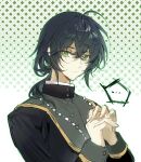  ... 1boy ahoge black_hair black_jacket character_request chinese_commentary closed_mouth commentary_request copyright_request gold_trim green_eyes hair_between_eyes jacket long_sleeves low_ponytail male_focus own_hands_together sleeve_cuffs solo sweat xiaohuaitongxue 