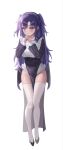  1girl absurdres alternate_costume black_footwear blue_archive blush breasts closed_mouth full_body highres long_hair long_sleeves looking_at_viewer medium_breasts mella_(mell_a12) purple_eyes purple_hair shoes simple_background solo thighhighs two_side_up white_background white_thighhighs yuuka_(blue_archive) 