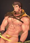  1boy abs absurdres bara beard belt bondage_outfit brown_hair bulge cape chain chest facial_hair flaming_eye hercules_(tokyo_houkago_summoners) highres huge_filesize looking_at_viewer male_focus miqi_(nnaf3344) muscle nipples pectorals scar shirtless simple_background smile solo thick_thighs thighs tokyo_houkago_summoners 