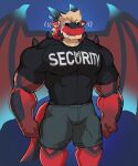  2023 4_horns abs anthro barazoku biceps big_muscles biped dragon glaucablitz hi_res horn male multi_horn muscular muscular_anthro muscular_male mythological_creature mythological_scalie mythology pecs scalie security security_guard solo standing 