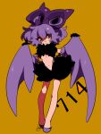  1girl black_gloves breasts cleavage full_body gloves long_sleeves looking_to_the_side medium_breasts medium_hair nervous_smile noibat orange_eyes personification pokedex_number pokemon puffy_shorts purple_footwear purple_hair sameyama_jiro shorts signature simple_background smile solo standing yellow_background 