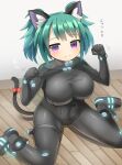  1girl animal_ear_fluff animal_ears bashou_(senran_kagura) black_bodysuit blush bodysuit bow breasts cat_ears cat_girl cat_tail closed_mouth commentary_request full_body green_hair highres large_breasts lets0020 looking_at_viewer medium_bangs on_floor paw_pose purple_eyes red_bow senran_kagura short_hair sitting smile solo tail tail_bow tail_ornament translation_request two_side_up wariza 