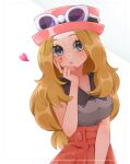  1girl bare_shoulders black_eyes black_shirt blonde_hair blush breasts collarbone commentary_request fingernails hand_on_own_face hat heart long_hair looking_at_viewer medium_breasts pink_hat pink_nails pokemon pokemon_xy rain_(tonight_862) red_skirt serena_(pokemon) shirt simple_background skirt sleeveless sleeveless_shirt solo sunglasses twitter_username white_background 