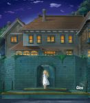  1girl absurdres alexi_ansell artist_name blonde_hair blue_eyes cloud commentary dated dock dress highres house long_hair looking_at_viewer marnie night omoide_no_marnie sky solo standing star_(sky) starry_sky studio_ghibli water white_dress 
