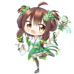  1girl ahoge bow breasts brown_hair brown_thighhighs character_request chibi clover_hair_ornament commentary_request cube detached_sleeves four-leaf_clover_hair_ornament full_body green_skirt grey_footwear hair_bow hair_ornament hair_rings hair_scrunchie holding holding_wand hop_step_jumpers large_breasts leaf_hair_ornament lets0020 looking_at_viewer medium_bangs medium_hair nontraditional_miko okobo open_mouth sandals scrunchie shirt sidelocks simple_background skirt sleeveless sleeveless_shirt smile solo thighhighs transparent_background v-shaped_eyebrows wand white_shirt white_sleeves yellow_bow 