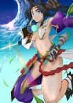  1girl armpits black_hair blue_eyes blue_panties blue_sky breast_curtain breasts closed_mouth cloud commentary_request detached_sleeves fate/grand_order fate_(series) fujibori hair_ornament hat highres holding holding_sword holding_weapon japanese_clothes jumping katana long_hair looking_at_viewer medium_breasts navel no_bra panties parted_bangs revealing_clothes sheath sky smile solo stomach sunlight sword tate_eboshi underwear ushiwakamaru_(fate) weapon 