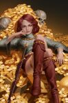  1girl alternate_costume alternate_hairstyle armor boots chainmail coin crossed_legs gold gold_coin green_eyes highres looking_at_viewer red_footwear red_hair red_sonja red_sonja_(comics) short_hair signature sitting skull solo sword weapon yoon_junggeun 