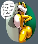  anthro big_breasts big_butt breasts butt english_text female freckles hair hair_over_eyes huge_breasts huge_butt mammal norithics procyonid ring-tailed_cat solo stuck sunni_smiles text wet white_hair 