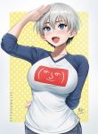  1girl blue_eyes blush breasts ear_blush eyebrows_visible_through_hair fang grey_hair hair_between_eyes large_breasts lenny_face open_mouth polka_dot polka_dot_background sciamano240 shiny shiny_hair short_hair solo standing sugoi_dekai uzaki-chan_wa_asobitai! uzaki_hana 