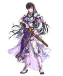  1girl armor ayra_(fire_emblem) ayra_(resplendent)_(fire_emblem) black_hair boots breastplate drawing_sword dress earrings fire_emblem fire_emblem:_genealogy_of_the_holy_war fire_emblem_heroes highres holding holding_sword holding_weapon jewelry long_hair looking_at_viewer non-web_source official_alternate_costume official_art purple_dress purple_eyes scabbard sheath smile solo sword tachi-e thigh_boots thigh_strap weapon white_footwear 