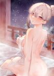  1girl ass bare_shoulders bath bathing blush breasts collarbone covering_privates gomo grey_hair hair_over_one_eye highres holding holding_towel large_breasts long_hair looking_at_viewer mole mole_under_eye naked_towel nijisanji nude_cover onsen open_mouth pink_eyes sideboob sitting soaking_feet solo steam sukoya_kana towel virtual_youtuber water wet wet_towel white_towel 