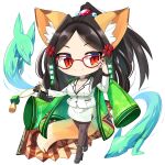  1girl animal_ears black_footwear black_hair bob_cut breasts brown_pantyhose buttons character_request chibi cleavage closed_mouth commentary_request cube_hair_ornament floral_print_kimono flower folding_fan fox fox_ears fox_girl fox_tail full_body ghost glasses green_jacket hair_flower hair_ornament hand_fan haori high_heels high_ponytail holding holding_fan hop_step_jumpers jacket japanese_clothes large_breasts lets0020 long_hair looking_at_viewer pantyhose red-framed_eyewear red_eyes red_flower shirt simple_background skirt smile solo tail transparent_background white_shirt white_skirt 