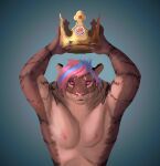  absurd_res anthro arms_above_head biceps black_lips bree_mak_(bree) burger_king crown digital_media_(artwork) felid feline fluffy fur gold_(metal) hair hazed01 headgear hi_res holding_object humanoid humor lips looking_at_viewer male mammal meme messy_hair multicolored_body muscular muscular_anthro muscular_male nipples nude pantherine pink_eyes pink_nose shaded simple_background simple_shading solo stare striped_body striped_fur stripes tiger two_tone_body 