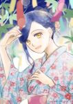 1girl artist_name blue_hair braid floral_print_kimono flower hair_flower hair_ornament hand_up highres honzuki_no_gekokujou momorisu4 myne_(honzuki_no_gekokujou) night outdoors solo tanabata upper_body yellow_eyes 