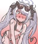  1girl absurdres bare_arms bare_legs bare_shoulders bikini black_bikini black_tail blue_archive blush breasts cowboy_shot dark-skinned_female dark_skin demon_tail eyes_visible_through_hair eyewear_on_head grey_hair grey_halo groin hair_over_one_eye halo highres iori_(blue_archive) iori_(swimsuit)_(blue_archive) long_hair looking_at_viewer official_alternate_costume open_mouth pointy_ears red_eyes shoeguy small_breasts solo sunglasses swimsuit tail twintails wet 
