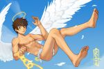  1boy achirocz angel_wings barefoot blue_sky brown_hair camp_buddy feathered_wings feet full_body green_eyes halo highres legs nagame_keitaro sky soles surprised toes topless_male wings 