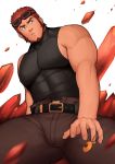  1boy absurdres bara bare_shoulders beard brown_hair bulge chest covered_abs covered_nipples facial_hair highres male_focus manly miqi_(nnaf3344) muscle original pectorals short_hair simple_background sleeveless solo thick_thighs thighs tight upper_body 