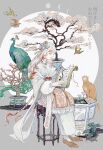  1girl bird bonsai cat chinese_clothes dragon hair_ornament highres lily_pad long_hair makeup multicolored_hair original peacock plant potted_plant reading scroll streaked_hair swallow_(bird) water_lily_flower white_hair yuko_(foret_noire) 