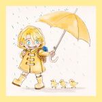  1boy aged_down bag bird blonde_hair blue_eyes boots butterprince child coat curly_eyebrows duck english_commentary full_body highres holding holding_umbrella male_focus one_piece open_mouth rain sanji_(one_piece) shoulder_bag smile umbrella walking yellow_coat yellow_umbrella 