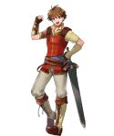  1boy brown_eyes brown_gloves brown_hair edward_(fire_emblem) fingerless_gloves fire_emblem fire_emblem:_radiant_dawn fire_emblem_heroes gloves highres looking_at_viewer non-web_source official_art open_mouth scabbard sheath smile solo sword tachi-e weapon 