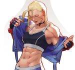  abs ahoge blonde_hair cammy_white choker closed_eyes commentary crop_top english_commentary fingerless_gloves gloves highres kenji_uz light_smile muscular muscular_female partially_undressed scar scar_on_cheek scar_on_face street_fighter street_fighter_6 undressing 