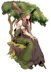 1girl brown_hair dress final_fantasy full_body green_eyes green_mage_(final_fantasy) hat large_hat long_hair long_sleeves looking_at_viewer mage_staff muraicchi_(momocchi) robe simple_background sitting solo staff stitches tree witch witch_hat wizard_hat 