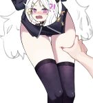  !? 1boy 1girl :o ahoge ass_visible_through_thighs black_skirt black_thighhighs blue_archive blush commentary_request demon_girl demon_horns embarrassed forehead hair_ornament hairclip half_updo halo hand_on_another&#039;s_thigh highres hina_(blue_archive) horns long_hair looking_at_viewer military_uniform out_of_frame parted_bangs pencil_skirt pov pov_hands purple_eyes sensei_(blue_archive) sidelocks simple_background skirt spoken_character surprised sweatdrop thick_thighs thigh_grab thighhighs thighs um99 uniform wavy_hair white_background white_hair 