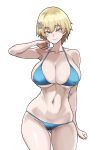  1girl bikini blonde_hair blue_bikini blue_eyes breasts cleavage clenched_hand closed_mouth collarbone covered_nipples cowboy_shot english_commentary girls&#039;_frontline hair_ornament hand_up highres large_breasts looking_at_viewer navel short_hair simple_background skindentation smile snowflake_hair_ornament solo stomach straight-on string_bikini swimsuit vsk-94_(girls&#039;_frontline) wessidesuyo white_background 