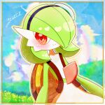  1girl arms_at_sides artist_name blue_hairband blue_sky blush bob_cut border closed_mouth cloud colored_skin commentary_request day flat_chest gardevoir grass green_hair green_hat green_skin hair_over_one_eye hairband happy hat heart heart_in_eye highres looking_at_viewer mini_hat multicolored_skin one_eye_covered outdoors outline outside_border pokemon pokemon_(creature) rainbow red_eyes short_hair signature sky smile solo sparkle split_mouth standing symbol_in_eye tilted_headwear two-tone_skin upper_body white_skin yellow_border yellow_outline yuri_(fl0werspace) 