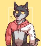  anthro athletic athletic_anthro athletic_male biped blep blush bodily_fluids canid canine canis clothed clothing eyebrows flunky flunky_(character) fur grey_body grey_fur grey_tail hi_res male mammal multicolored_body multicolored_fur partially_clothed simple_background solo standing sweat tongue tongue_out two_tone_body two_tone_fur two_tone_tail wolf 