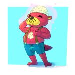  2024 animal_crossing anthro belly biped bottomwear clothing eyes_closed hat headgear headwear hi_res joshtywater male mammal mustelid nintendo otter pascal_(animal_crossing) red_body shorts simple_background slightly_chubby solo suspenders 