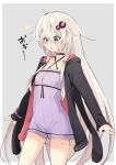  ahoge black_choker blush border choker collarbone commentary cosplay costume_switch dress grey_background hair_ornament highres ia_(vocaloid) jacket long_hair looking_down open_clothes open_jacket outstretched_arms purple_dress sparkle vocaloid white_border zooanime 