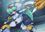  1girl adapted_costume anus anus_peek armor ass bent_over black_skin cameltoe colored_skin covered_nipples from_behind full_body highres holding holding_staff looking_at_viewer looking_back mega_man_(series) mega_man_zx model_w_(mega_man) pandora_(mega_man) pochincoff red_eyes solo staff white_armor white_helmet 