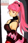  1girl absurdres breasts english_commentary fire_emblem fire_emblem:_three_houses highres hilda_valentine_goneril jewelry large_breasts looking_at_viewer looking_back pink_eyes pink_hair simple_background smgold solo 