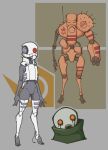  1girl 2others aperture_science_advanced_knee_replacement black_bodysuit bodysuit combine_assassin creature cremator_(half_life) cyborg ethossketches full_body grey_background half-life_(series) half-life_2 highres looking_at_viewer multiple_others 